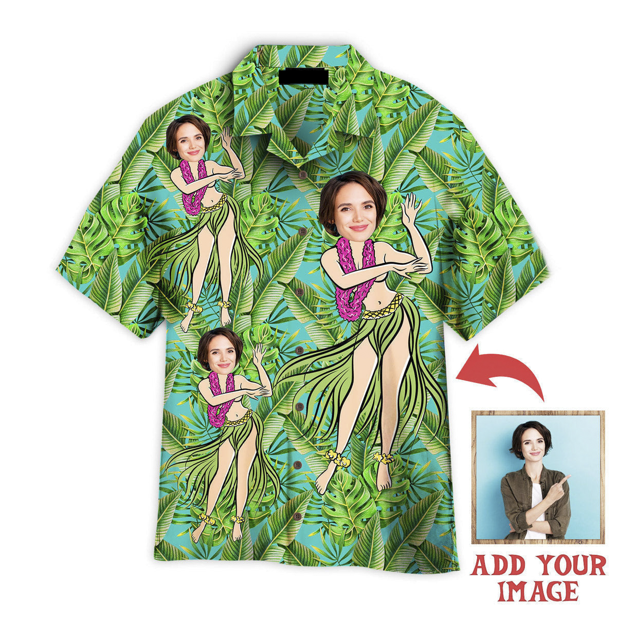 Funny Custom Face Hula Girl Green Tropical Custom Hawaiian Shirt, Personalized Hawaiian Shirts, Custom Photo Hawaiian Shirt