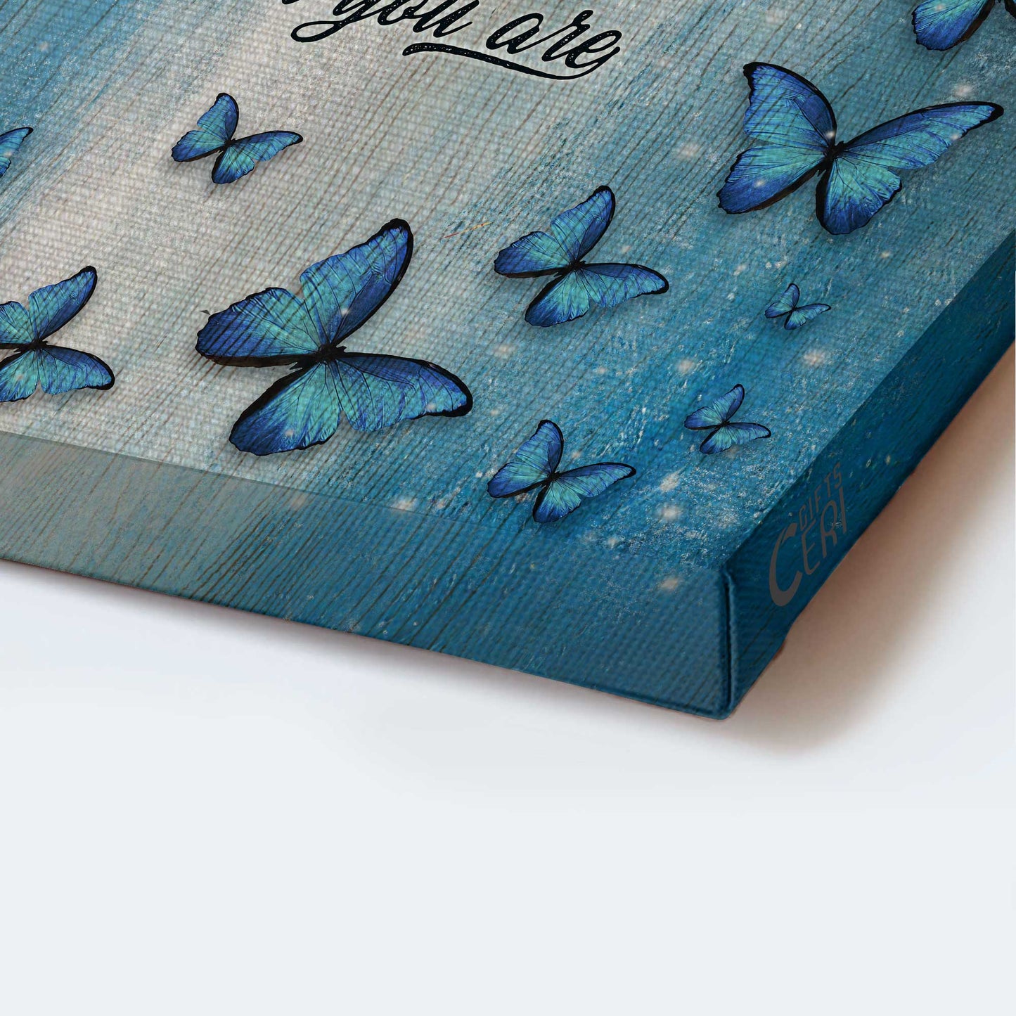 Memorial Portrait Canvas- Blue butterfly canvas- Gift for members family- You are thousand miles away but no one else is closer to my heart than you are - Heaven Portrait Canvas Prints, Wall Art