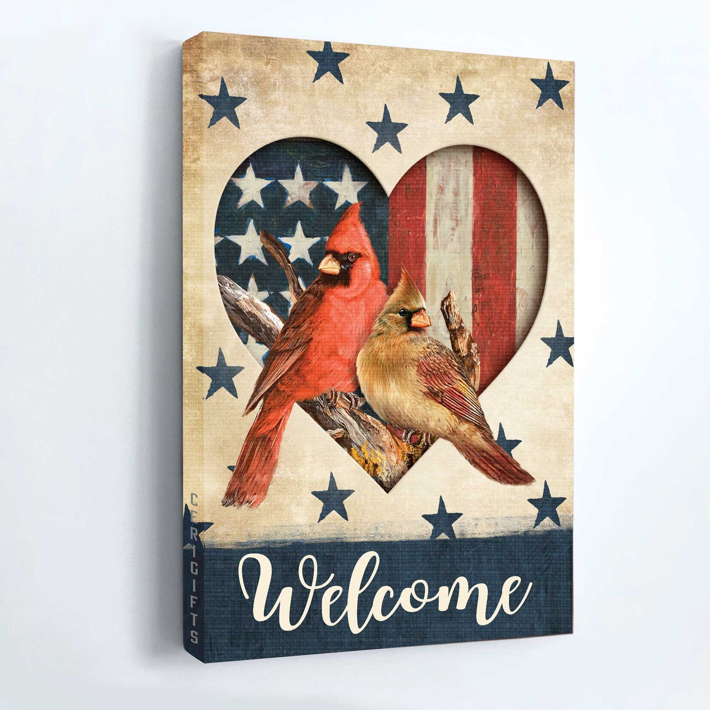 Heaven Portrait Canvas - Cardinal Couple, Heart Shape, Blue Star, Us Flag, Welcome Portrait Canvas - Memorial Gift For Family Members