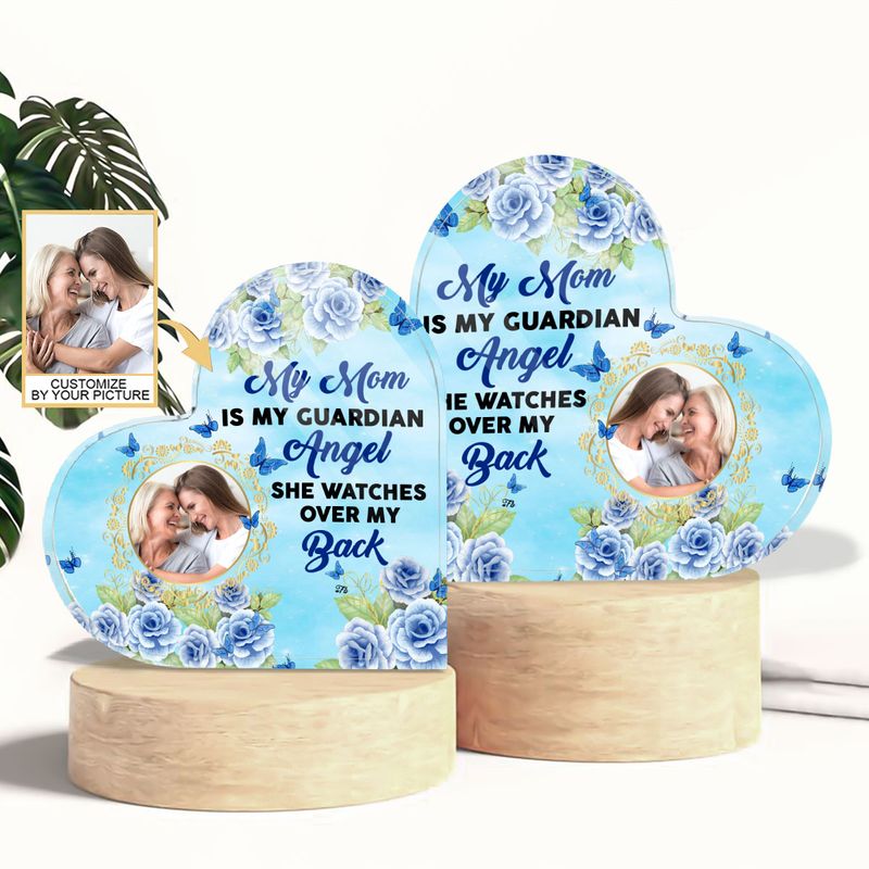 Floral Custom Photo Mother's Day, My Mom Is My Guardian Personalized Heart Shaped Acrylic Plaque Home Decor - Custom Name Gifts For Mom, Nana, Mama