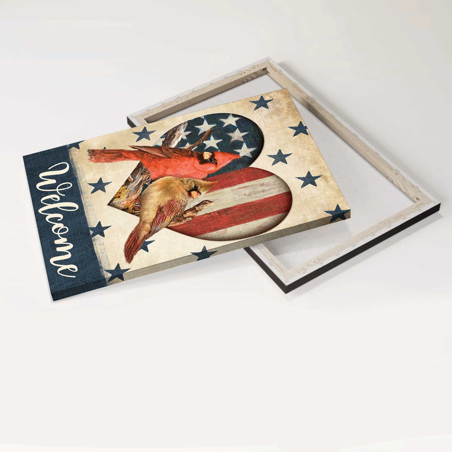 Heaven Portrait Canvas - Cardinal Couple, Heart Shape, Blue Star, Us Flag, Welcome Portrait Canvas - Memorial Gift For Family Members