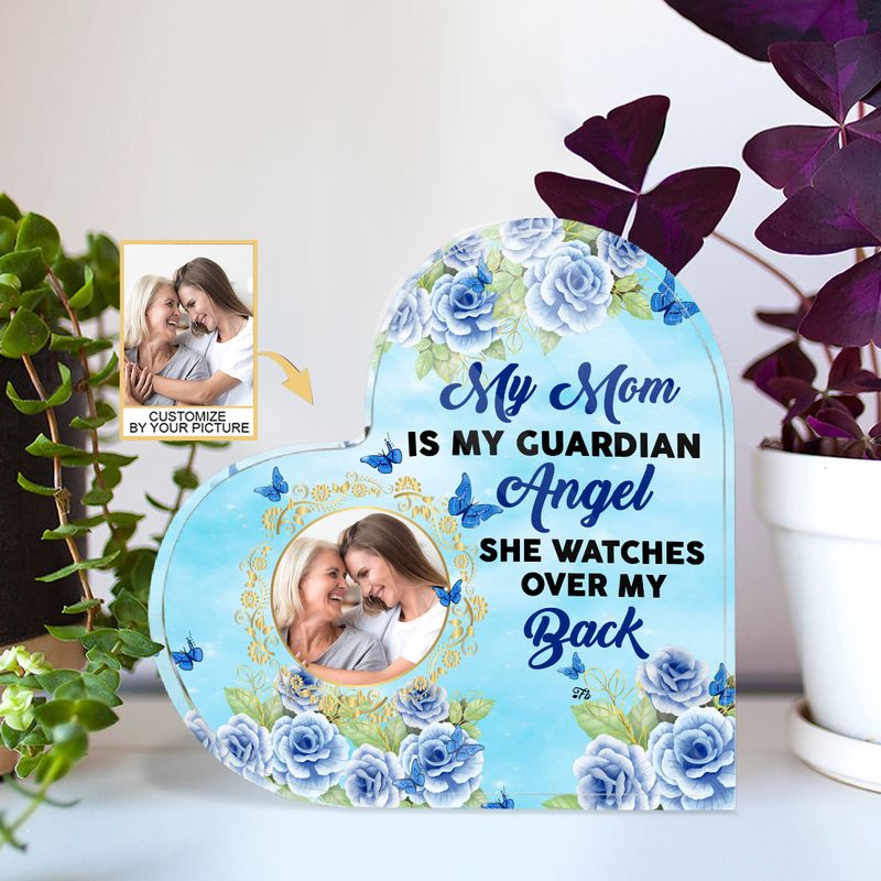 Floral Custom Photo Mother's Day, My Mom Is My Guardian Personalized Heart Shaped Acrylic Plaque Home Decor - Custom Name Gifts For Mom, Nana, Mama
