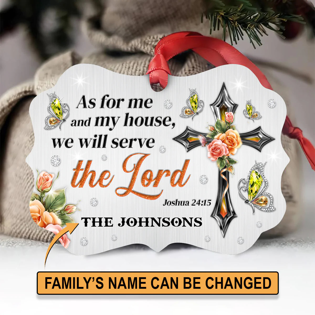 Jesus Aluminum Ornament - Personalized Floral Cross With Butterfly Aluminium Ornament - Custom Gift For Christian Couple, Spouse, Lover - We Will Serve The Lord