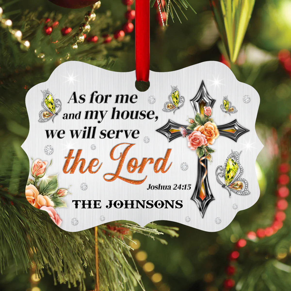 Jesus Aluminum Ornament - Personalized Floral Cross With Butterfly Aluminium Ornament - Custom Gift For Christian Couple, Spouse, Lover - We Will Serve The Lord