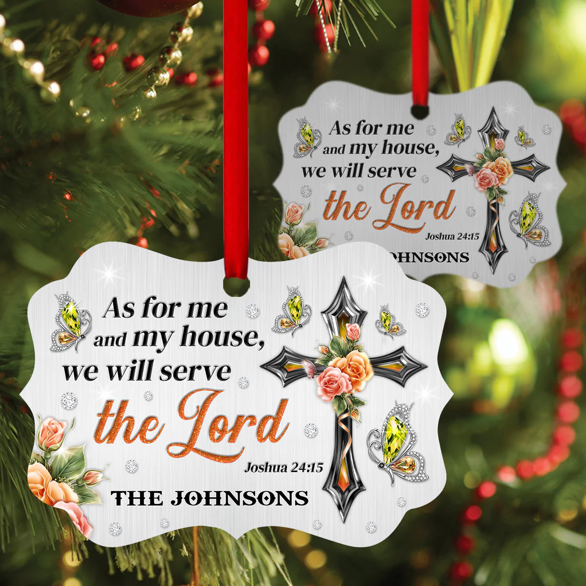 Jesus Aluminum Ornament - Personalized Floral Cross With Butterfly Aluminium Ornament - Custom Gift For Christian Couple, Spouse, Lover - We Will Serve The Lord
