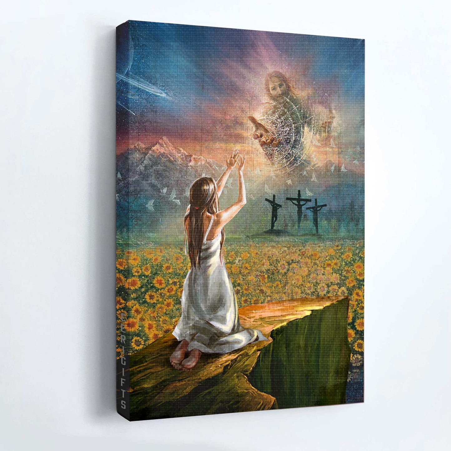 Holding my hand, Jesus Portrait Canvas- Jesus painting, Salvation prayer, Sunflower field, beautiful girl- Gift for Christian - Portrait Canvas Prints, Christian Wall Art