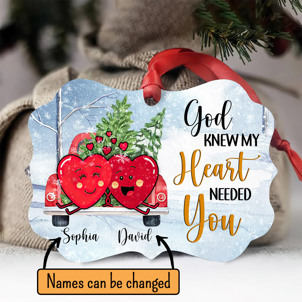 Couple Aluminum Ornament - Personalized Couple Heart In Car, Pine, Winter Aluminium Ornament - Custom Gift For Christian Couple, Spouse, Lover - God Knew My Heart Needed You