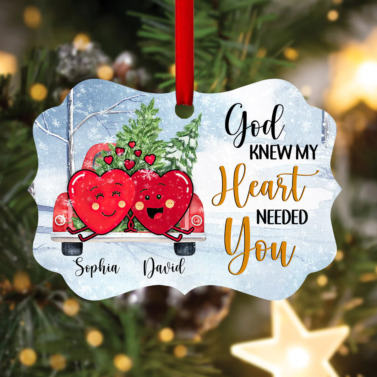 Couple Aluminum Ornament - Personalized Couple Heart In Car, Pine, Winter Aluminium Ornament - Custom Gift For Christian Couple, Spouse, Lover - God Knew My Heart Needed You