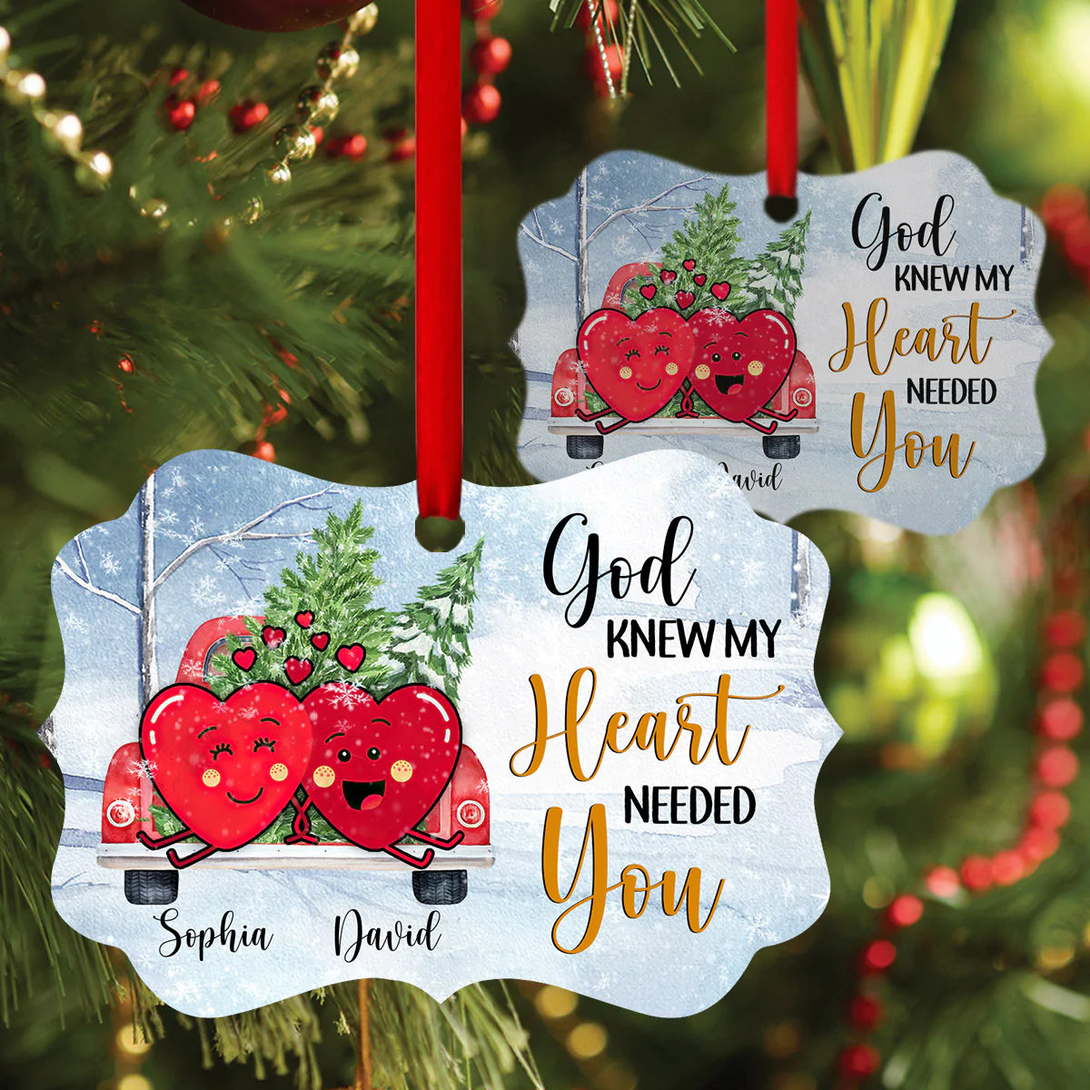 Couple Aluminum Ornament - Personalized Couple Heart In Car, Pine, Winter Aluminium Ornament - Custom Gift For Christian Couple, Spouse, Lover - God Knew My Heart Needed You