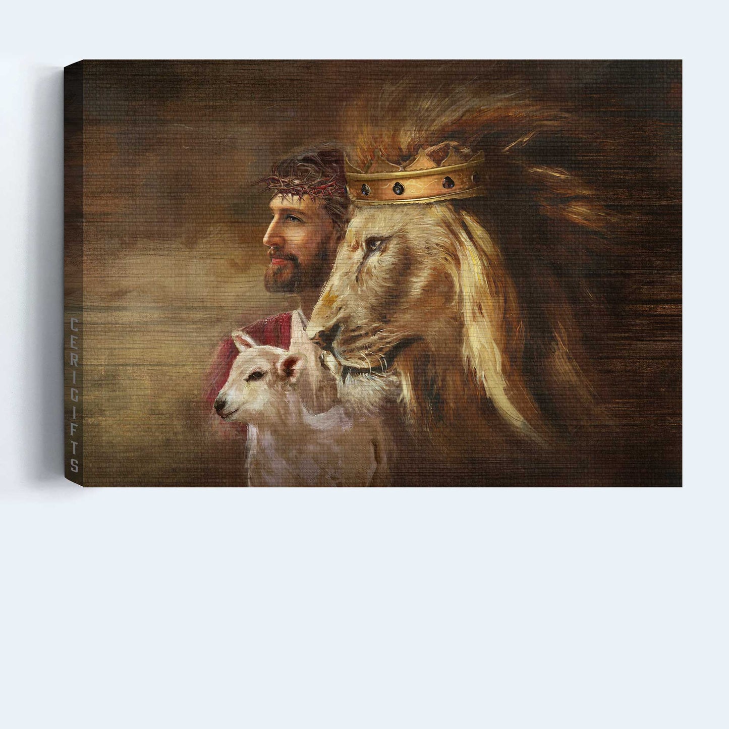 Jesus Landscape Canvas- Amazing Jesus Painting, Lion Artwork, Watercolor Lamb, Unique Crown Canvas- Gift For Christian