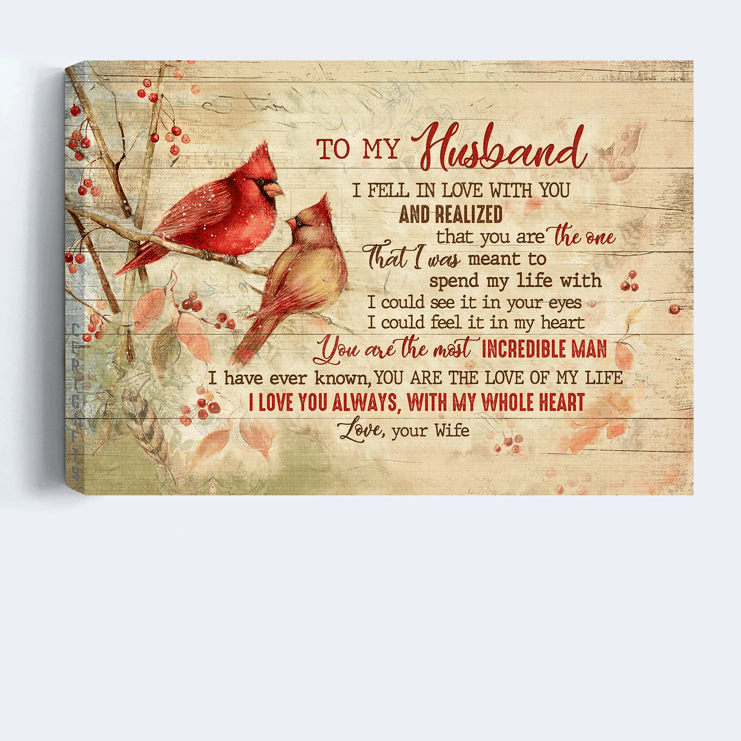 Gift For Husband Landscape Canvas - To My Husband, Watercolor Cardinal, Cranberry Tree, Family Canvas - Valentine's Day Gift For Couple, Spouse, Lover - I Fell In Love With You