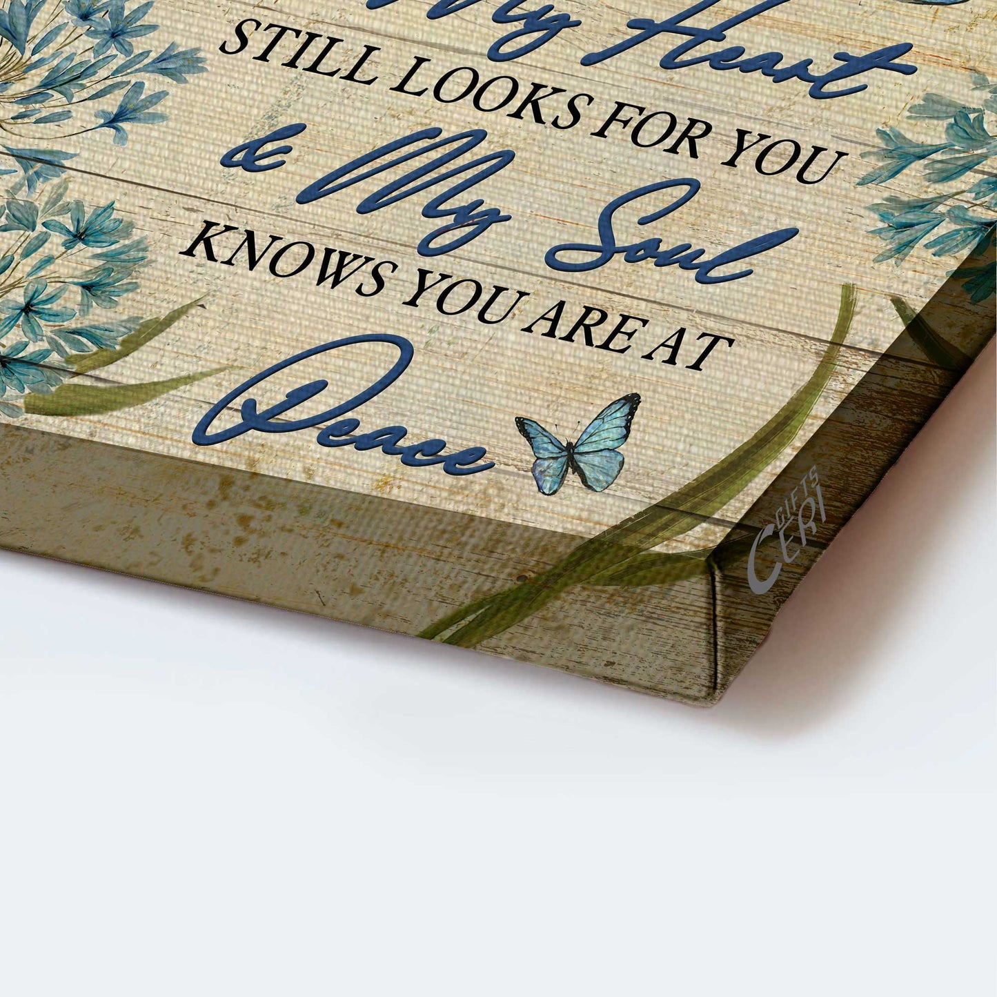 Memorial Landscape Canvas - Heaven, Unique Blue Flower Painting, Blue Butterfly Canvas - Memorial Gift For Member Family - My Heart Still Looks For You