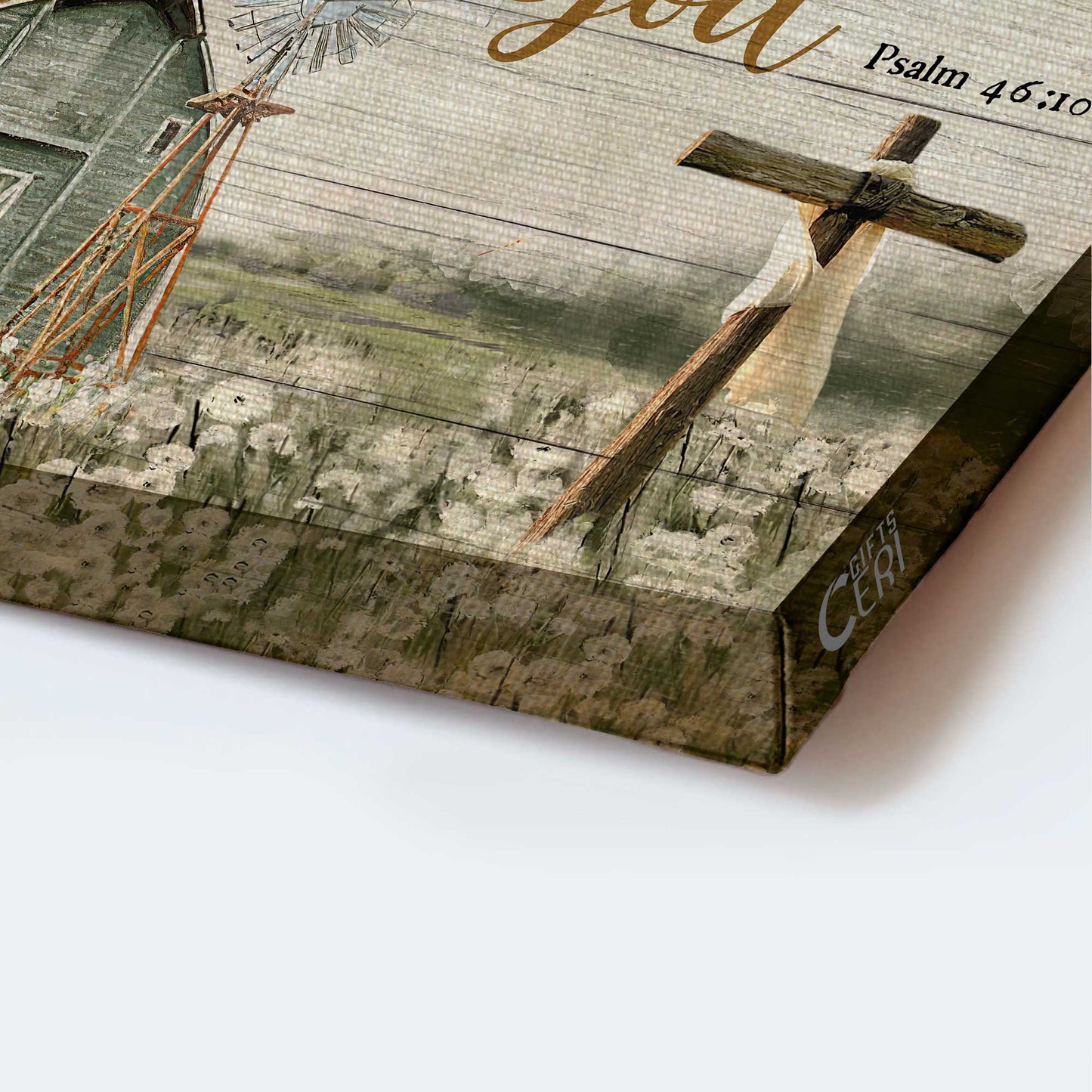 Jesus Landscape Canvas - Vintage House Painting, Wooden Cross, Beautiful Life On Farm Canvas - Gift For Christian - Be Still And Know That I Am God