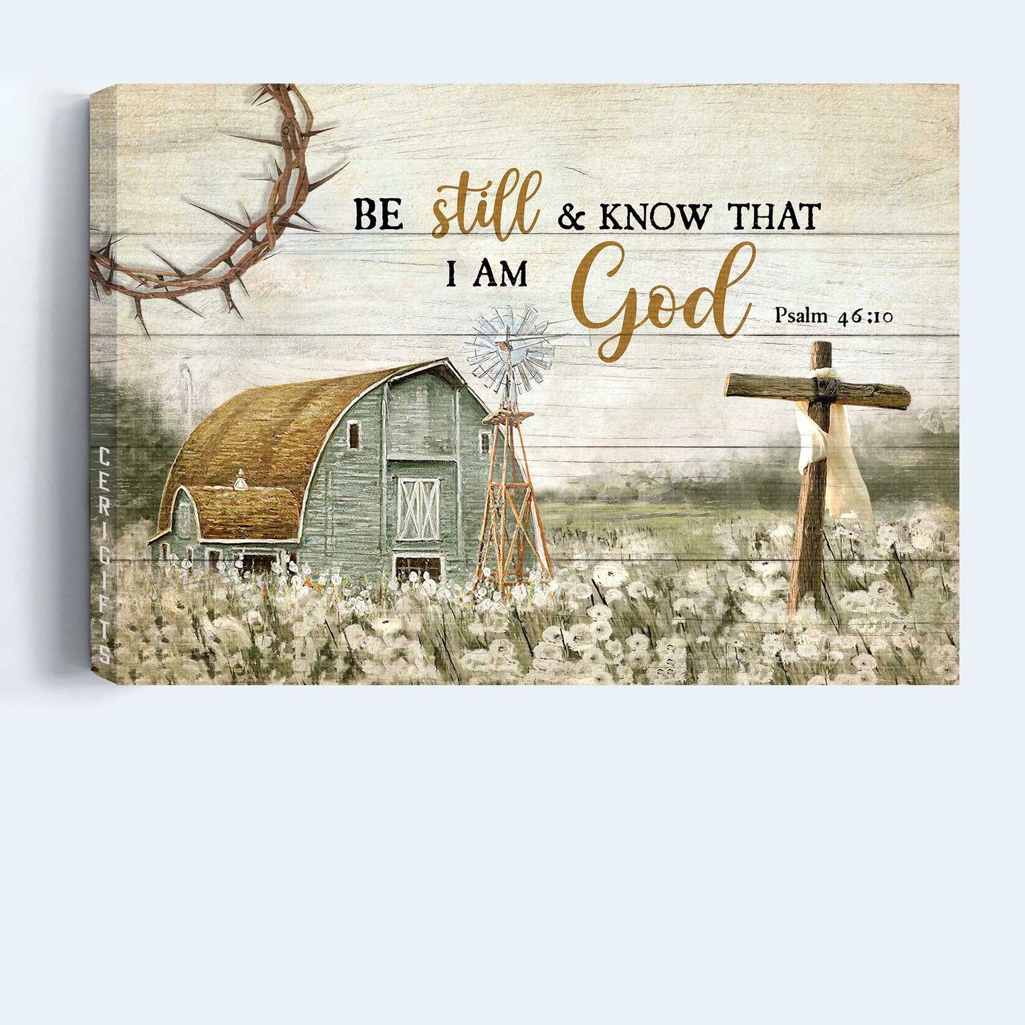 Jesus Landscape Canvas - Vintage House Painting, Wooden Cross, Beautiful Life On Farm Canvas - Gift For Christian - Be Still And Know That I Am God