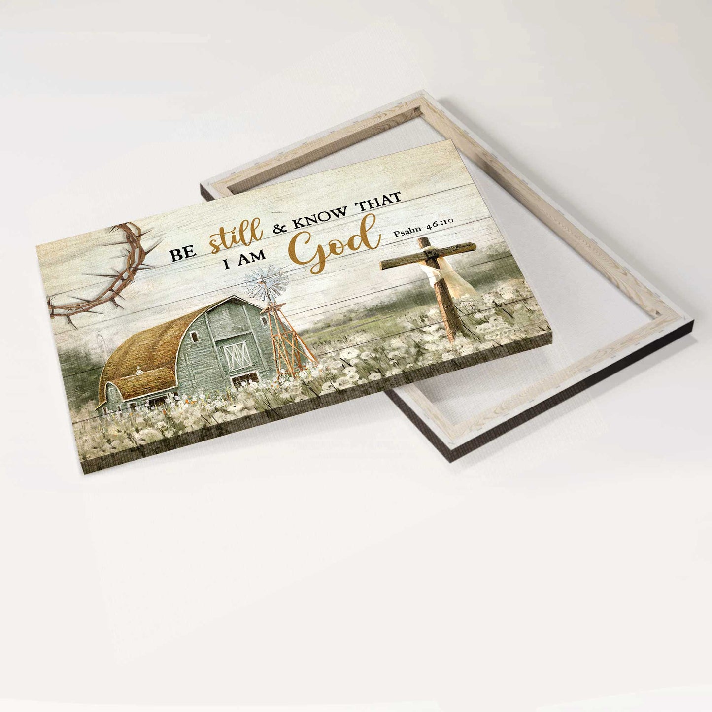 Jesus Landscape Canvas - Vintage House Painting, Wooden Cross, Beautiful Life On Farm Canvas - Gift For Christian - Be Still And Know That I Am God