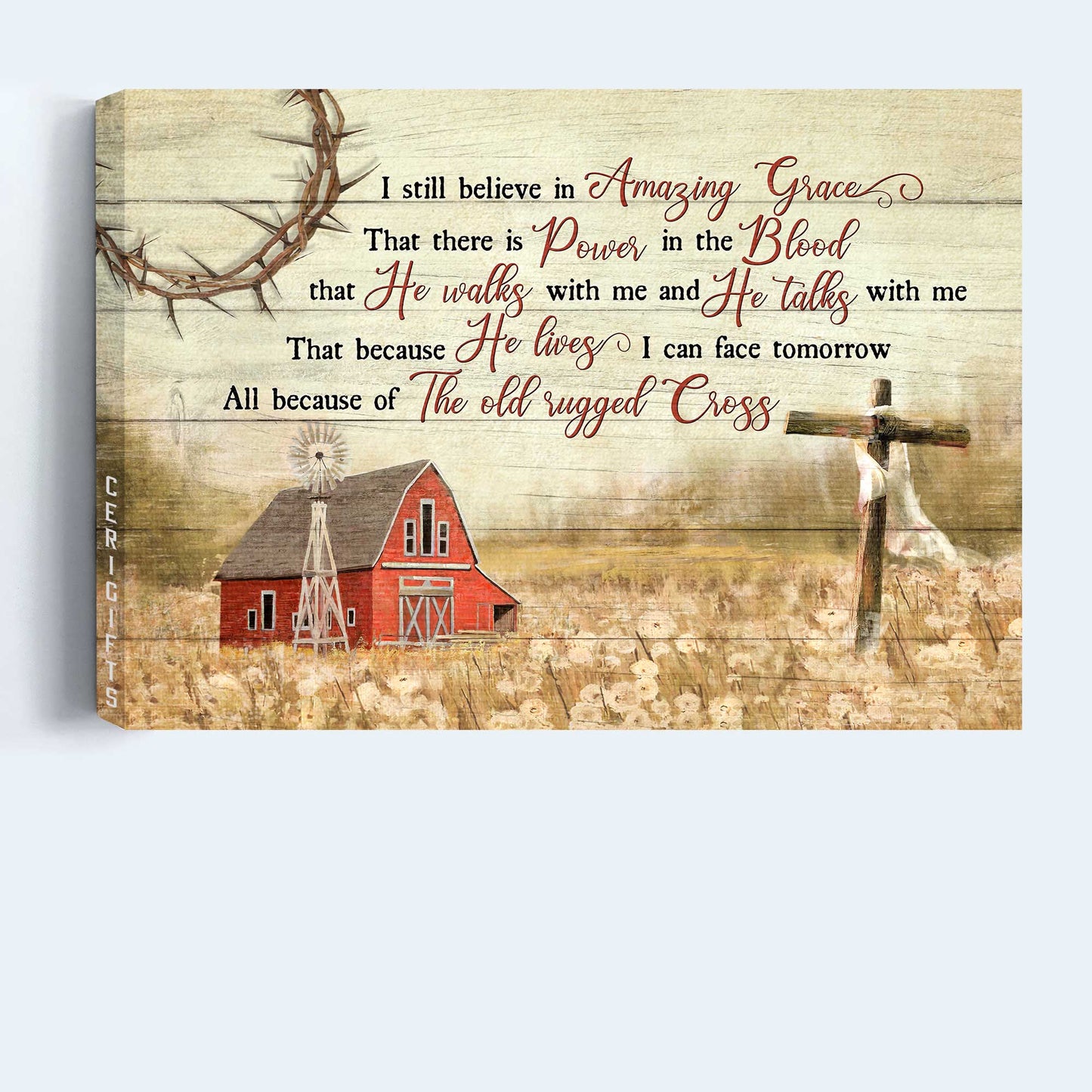 Jesus Landscape Canvas - Vintage House Painting, Wooden Cross, Red Barn Canvas - Gift For Christian - I Still Believe In Amazing Grace Canvas