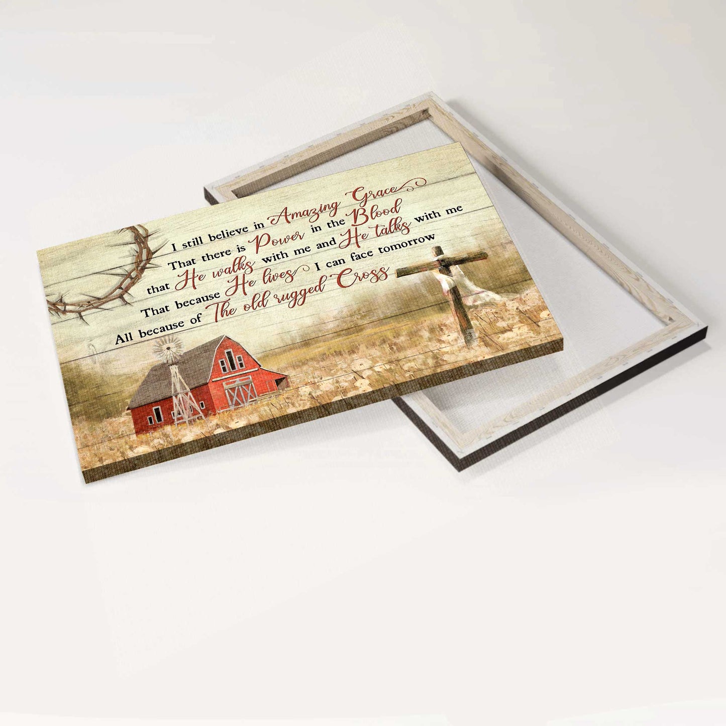 Jesus Landscape Canvas - Vintage House Painting, Wooden Cross, Red Barn Canvas - Gift For Christian - I Still Believe In Amazing Grace Canvas