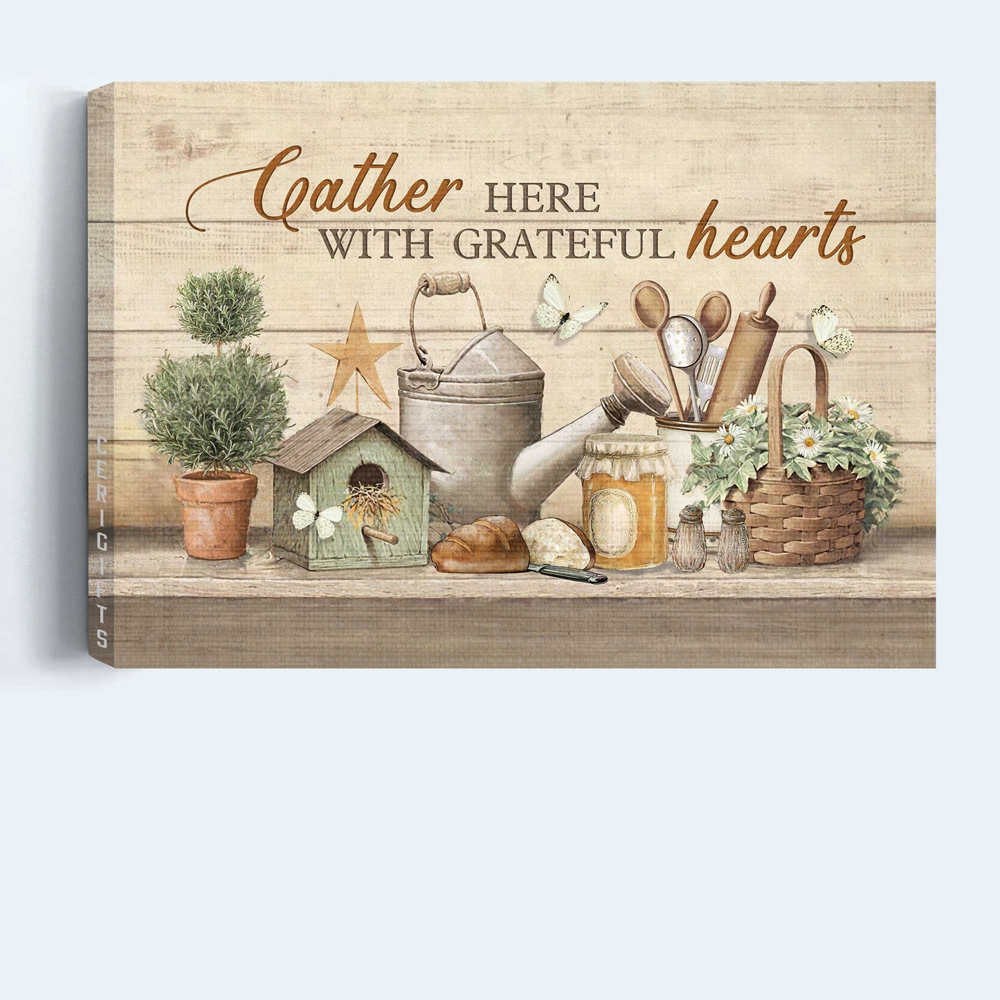 Jesus Landscape Canvas - Vintage Kitchen, Peaceful Drawing Canvas - Gift For Christian - Gather Here With Grateful Hearts Canvas