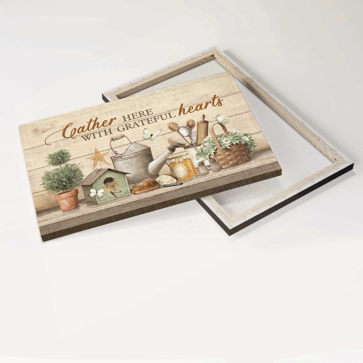 Jesus Landscape Canvas - Vintage Kitchen, Peaceful Drawing Canvas - Gift For Christian - Gather Here With Grateful Hearts Canvas