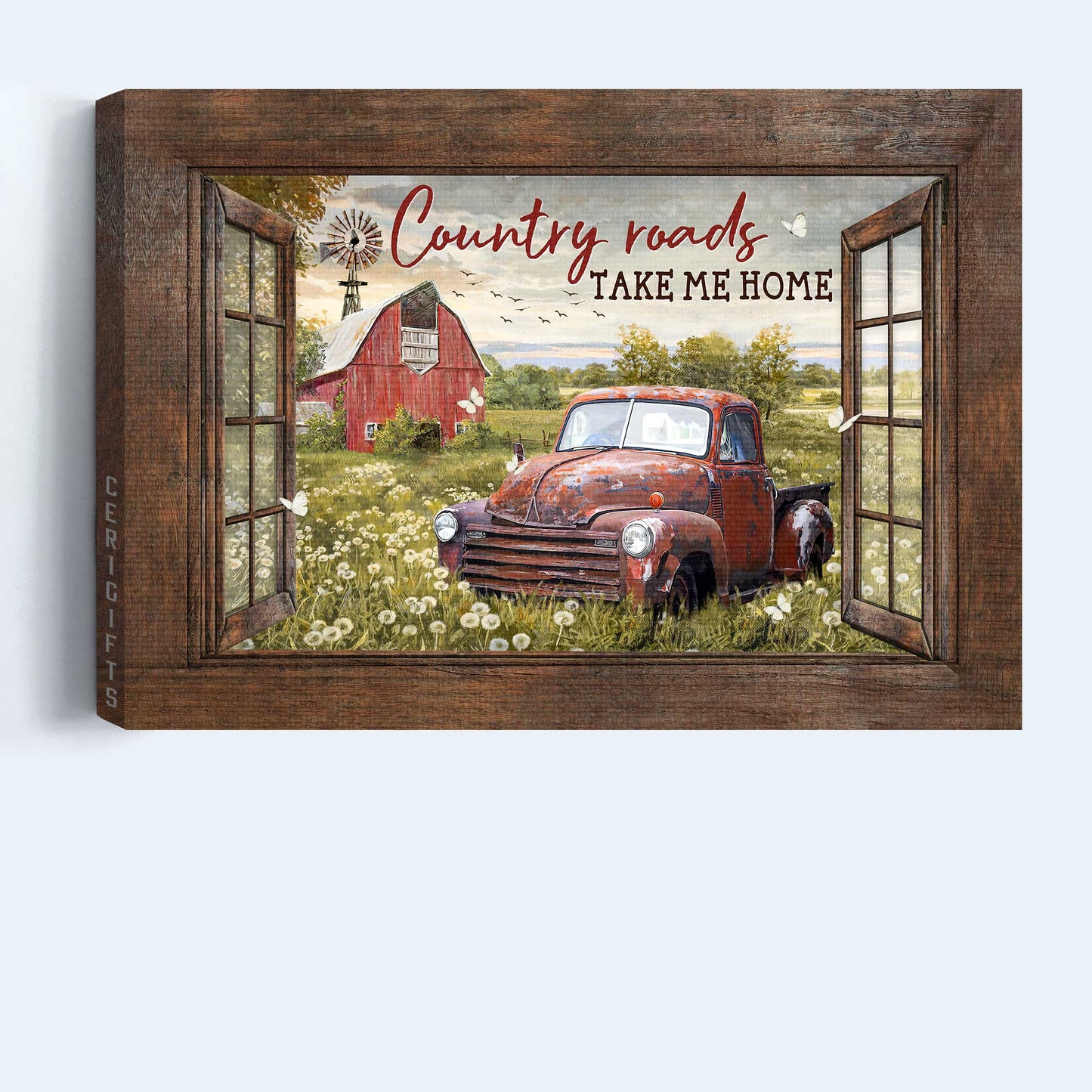 Jesus Landscape Canvas - Vintage Ladybug Car, Dandelion Garden, Beautiful Farm Canvas - Gift For Christian - Country Roads Take Me Home Canvas