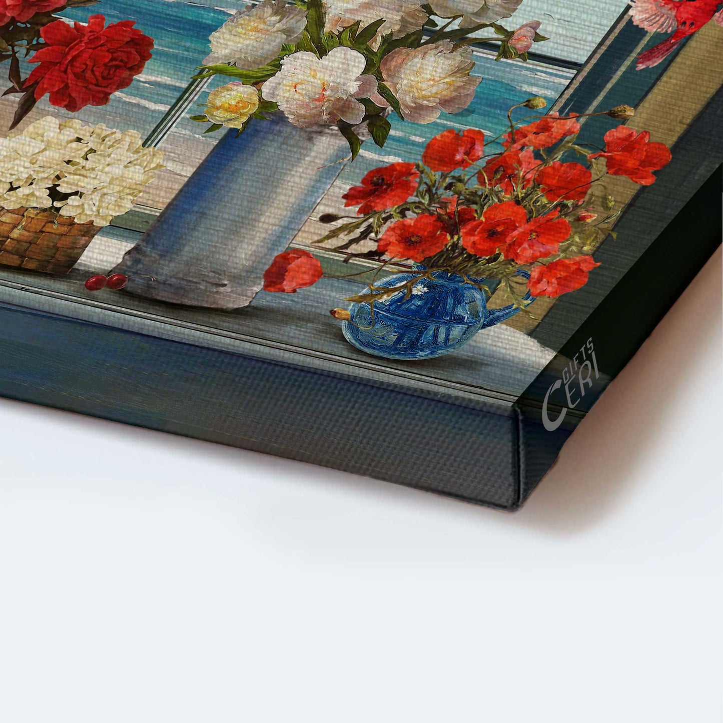 Jesus Landscape Canvas - Vintage Painting, Cardinals, Red And White Flower Vase, Beach View Window Canvas - Gift For Christian - Still Life Drawing Cherish Every Moment