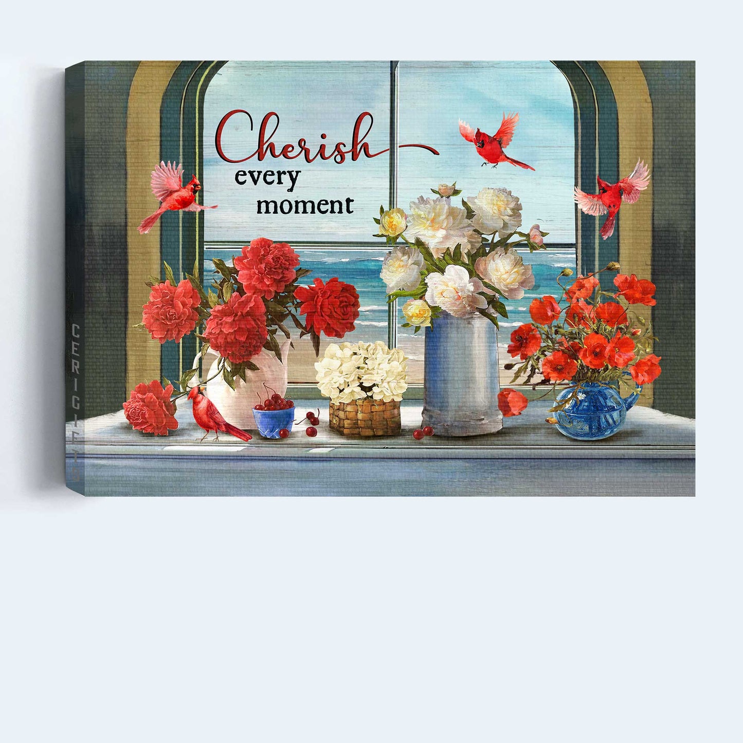 Jesus Landscape Canvas - Vintage Painting, Cardinals, Red And White Flower Vase, Beach View Window Canvas - Gift For Christian - Still Life Drawing Cherish Every Moment