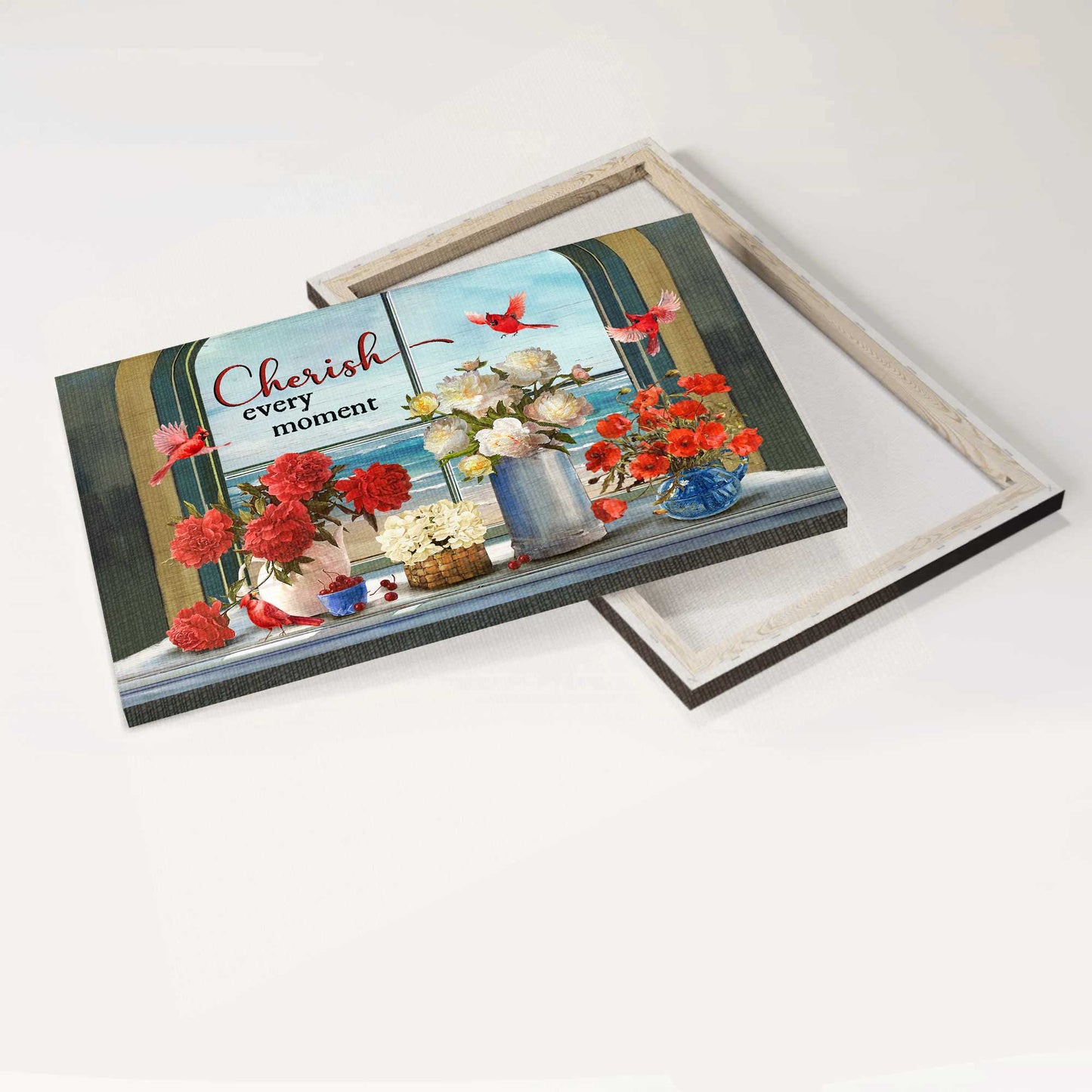 Jesus Landscape Canvas - Vintage Painting, Cardinals, Red And White Flower Vase, Beach View Window Canvas - Gift For Christian - Still Life Drawing Cherish Every Moment