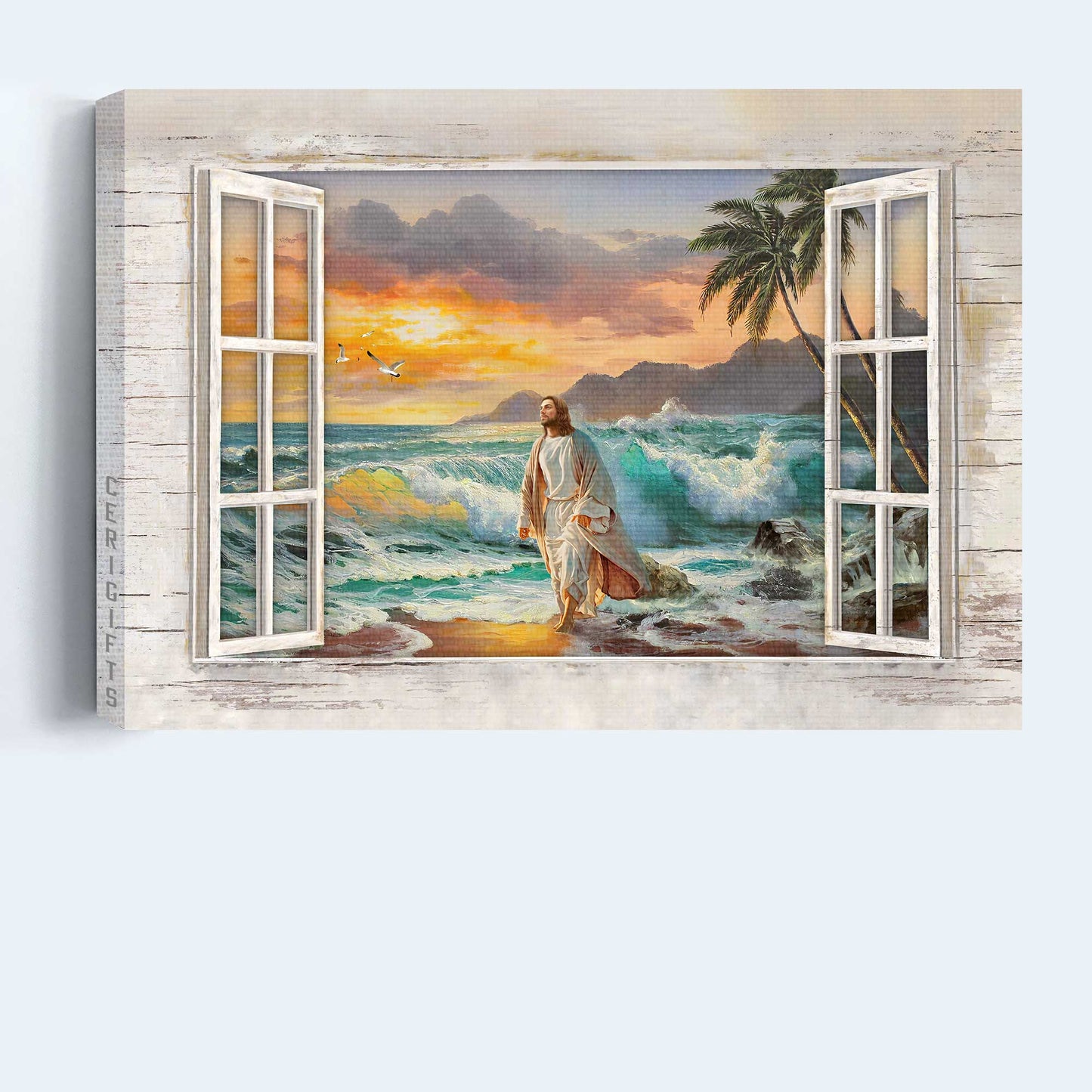 Jesus Landscape Canvas - Walk With Jesus, Sunset On The Beach, The Beautiful Sea, Window Frame Canvas - Gift For Christian