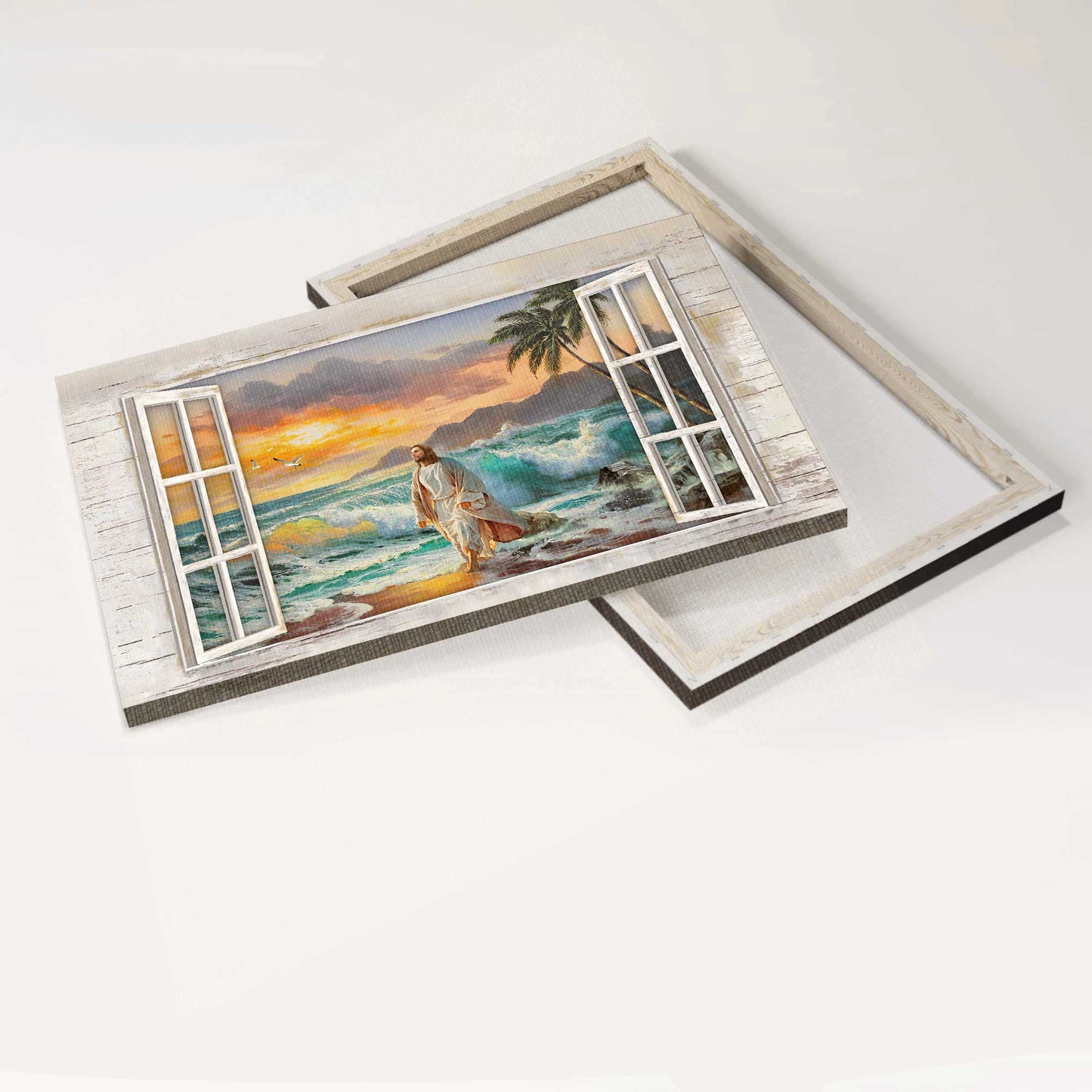 Jesus Landscape Canvas - Walk With Jesus, Sunset On The Beach, The Beautiful Sea, Window Frame Canvas - Gift For Christian