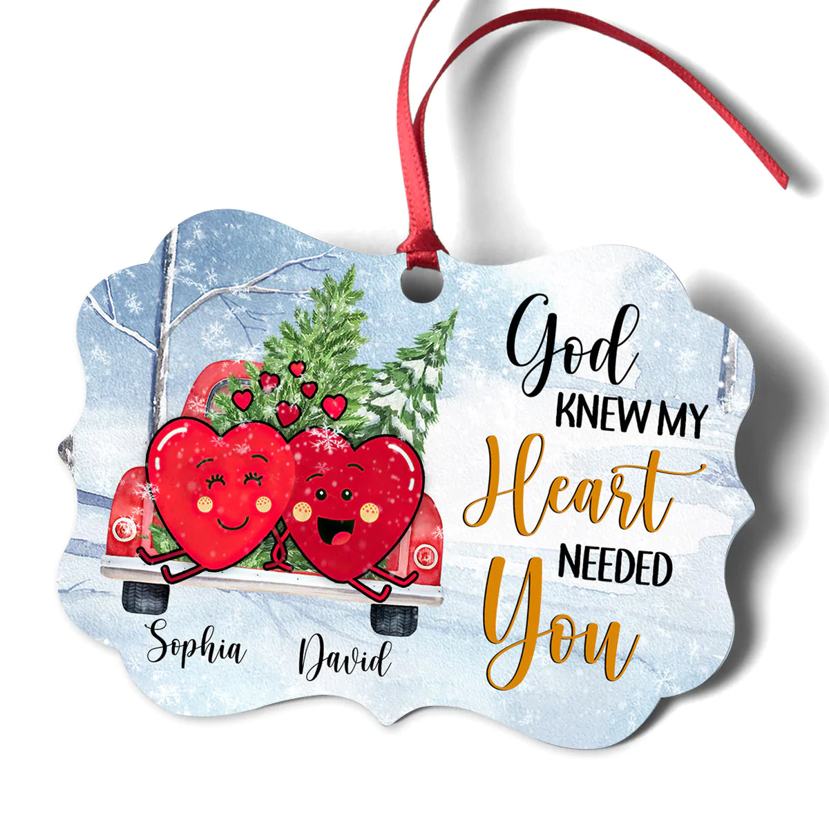 Couple Aluminum Ornament - Personalized Couple Heart In Car, Pine, Winter Aluminium Ornament - Custom Gift For Christian Couple, Spouse, Lover - God Knew My Heart Needed You