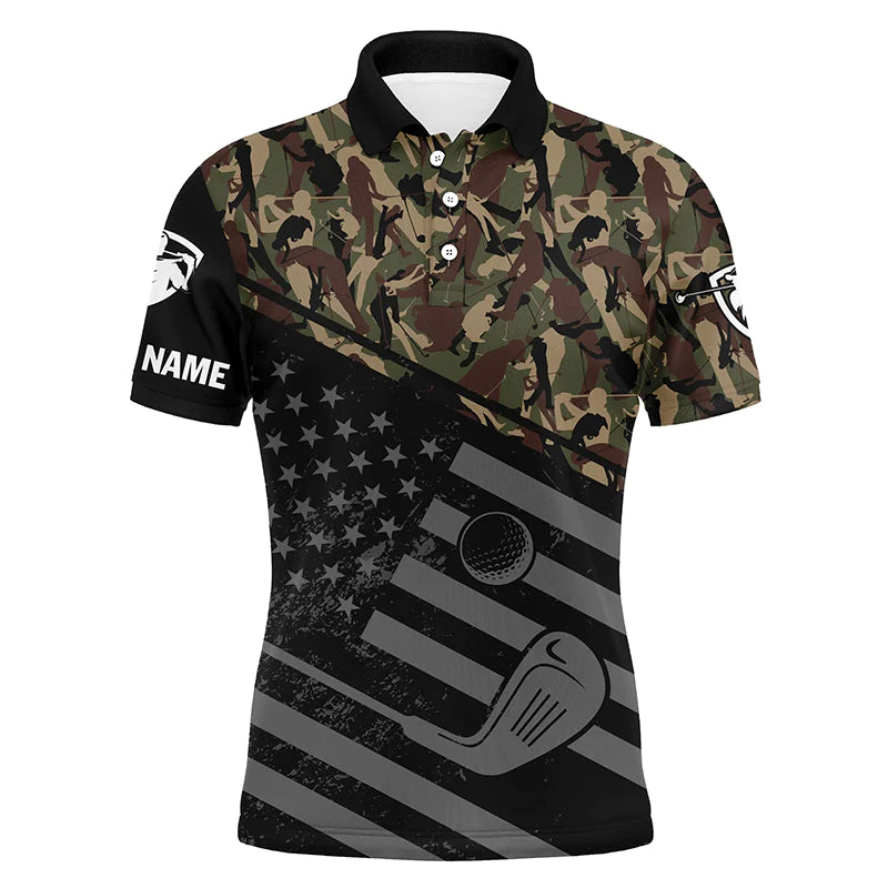 Golf Men Polo Shirt, Camo Polo Custom Name, Black American Flag Patriotic Apparel - Personalized Sports Gift For Men, Husband, Boyfriend, Golf Lovers