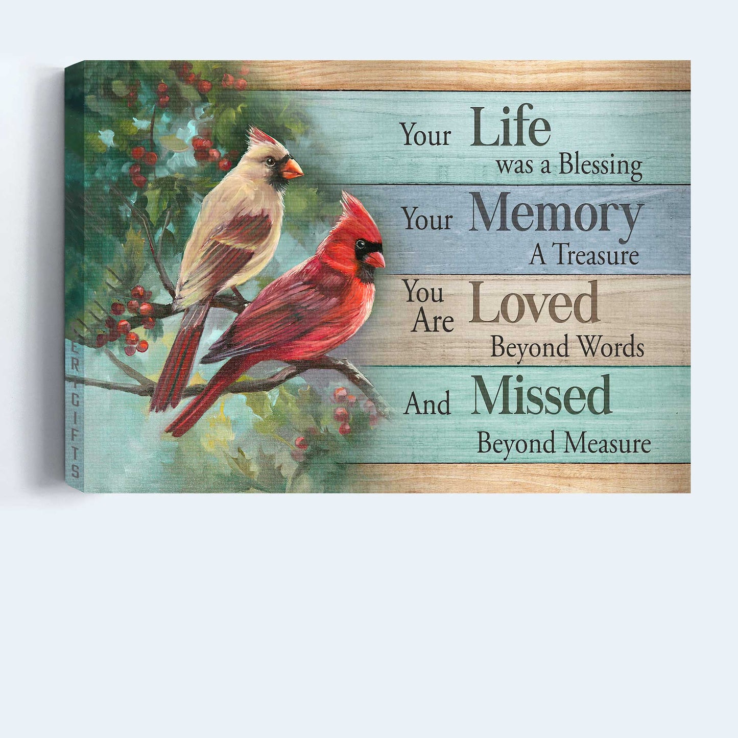 Memorial Landscape Canvas - Heaven, Watercolor Cardinal, Cranberry Tree, Nature Artwork Memorial Canvas - Memorial Gift For Member Family - Your Life Was A Blessing