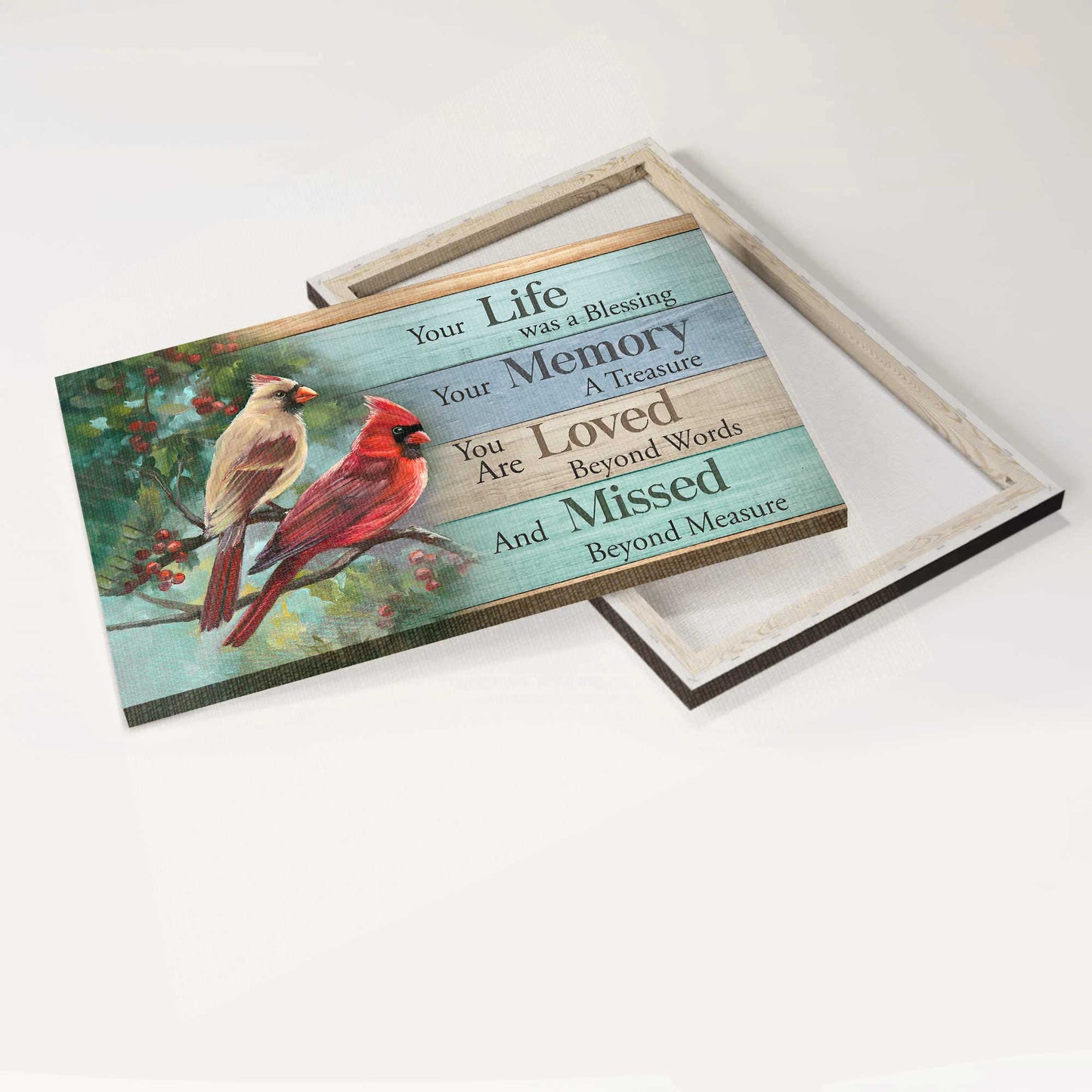 Memorial Landscape Canvas - Heaven, Watercolor Cardinal, Cranberry Tree, Nature Artwork Memorial Canvas - Memorial Gift For Member Family - Your Life Was A Blessing