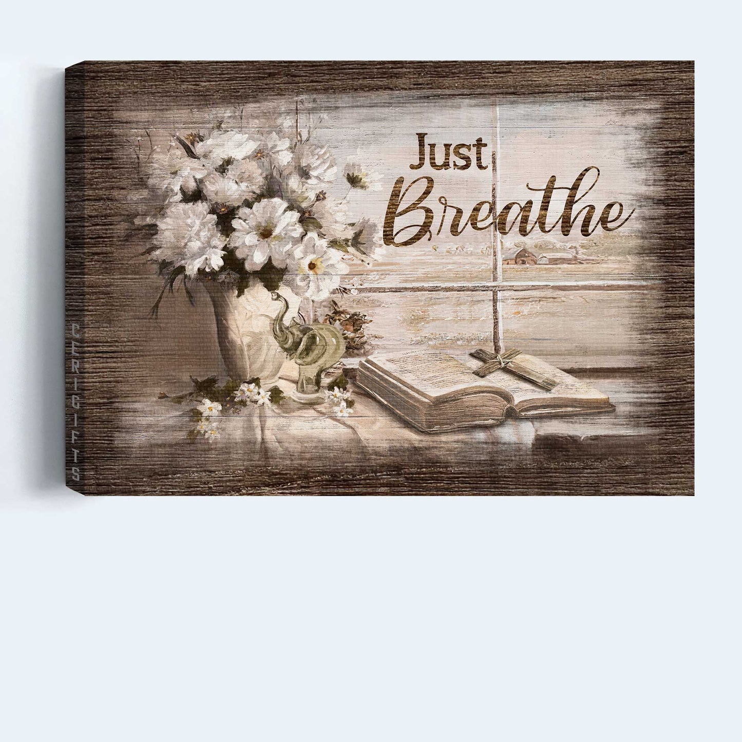 Jesus Landscape Canvas - White Daisy, Bible, Cross Symbol, Window Frame Canvas - Gift For Christian - Just Breathe Canvas