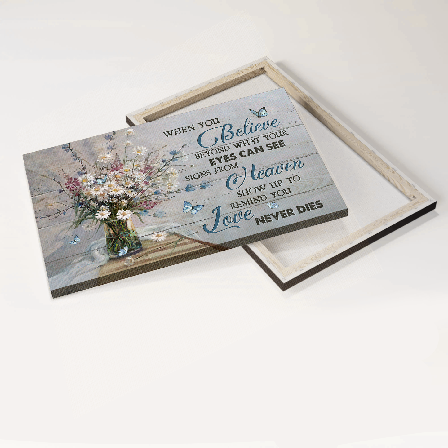 Heaven Landscape Canvas - White Daisy Drawing, Pink Flower, Beautiful Butterfly Memorial Canvas - Memorial Gift For Member Family - Signs From Heaven Show Up To Remind You Love Never Dies