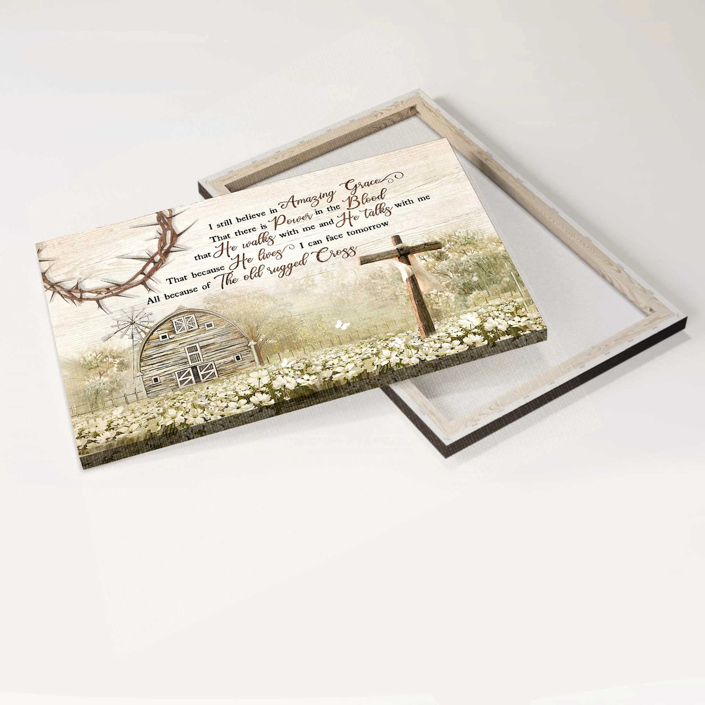 Jesus Landscape Canvas - White Flower Field, Cross Symbol, Vintage House Canvas - Gift For Christian - I Still Believe In Amazing Grace Canvas