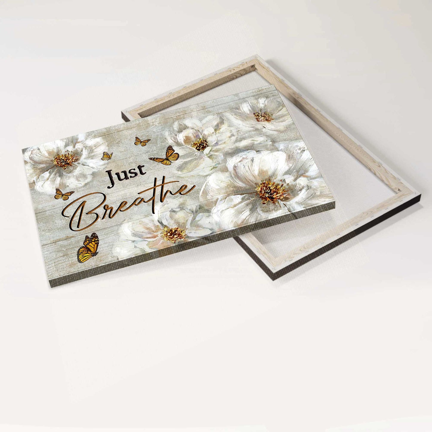 Jesus Landscape Canvas - White Flower Painting, Yellow Butterfly, Vintage Painting Canvas - Gift For Christian - Just Breathe Canvas