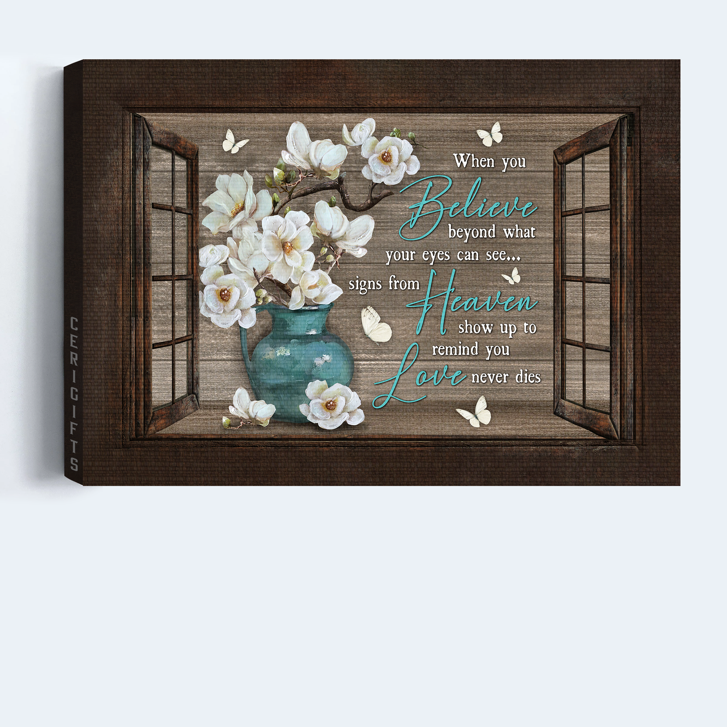 Heaven Landscape Canvas - White Flower, White Butterfly, Window Frame Memorial Canvas - Memorial Gift For Member Family - Love Never Dies Canvas
