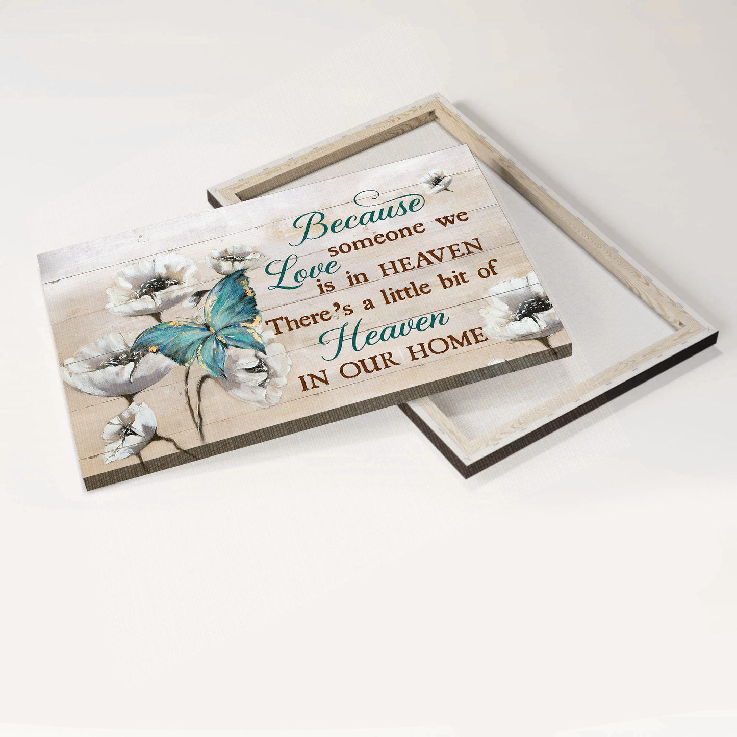 Heaven Landscape Canvas - White Poppy, Flower Painting, Blue Butterfly, Memorial Canvas - Memorial Gift For Member Family - There's A Little Bit Of Heaven In Our Home