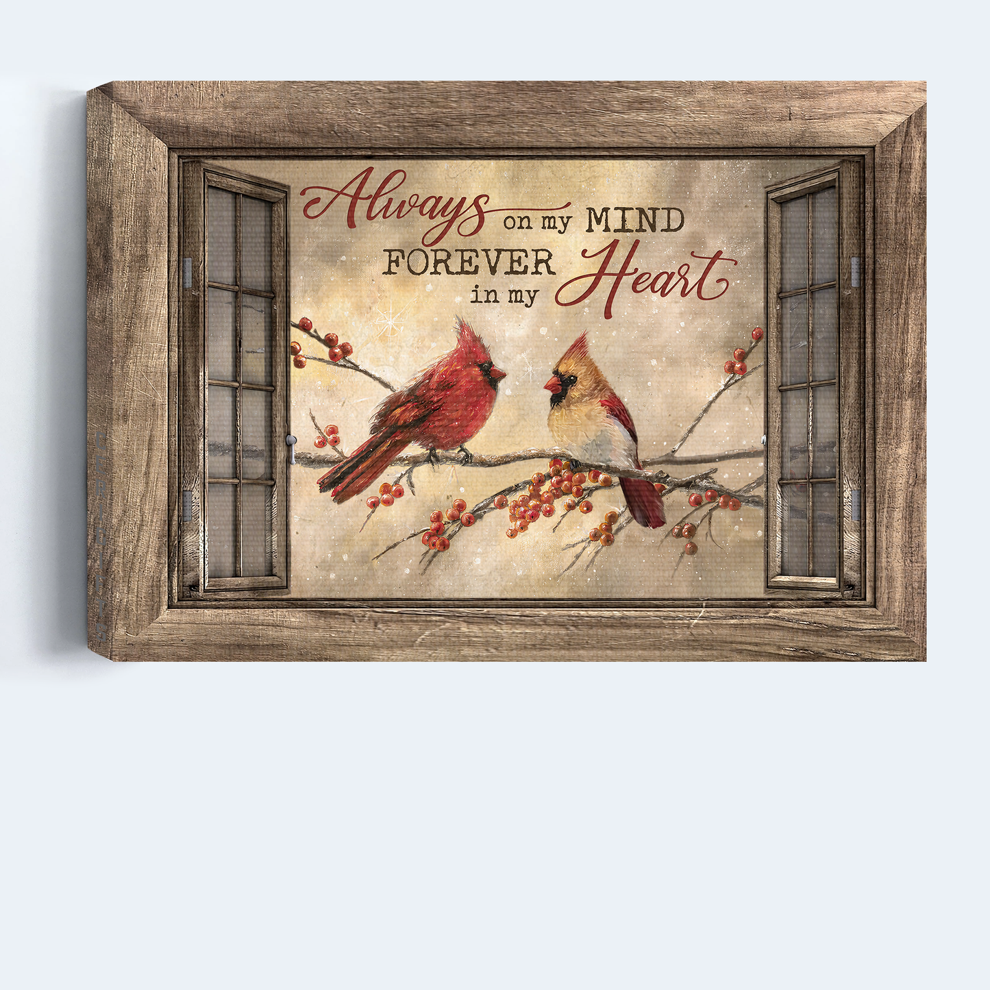 Heaven Landscape Canvas - Winter Painting, Cardinal Couple, Cranberry Tree, Memorial Canvas - Memorial Gift For Member Family - Always On My Mind Forever In My Heart