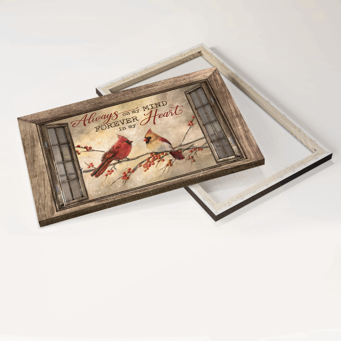 Heaven Landscape Canvas - Winter Painting, Cardinal Couple, Cranberry Tree, Memorial Canvas - Memorial Gift For Member Family - Always On My Mind Forever In My Heart