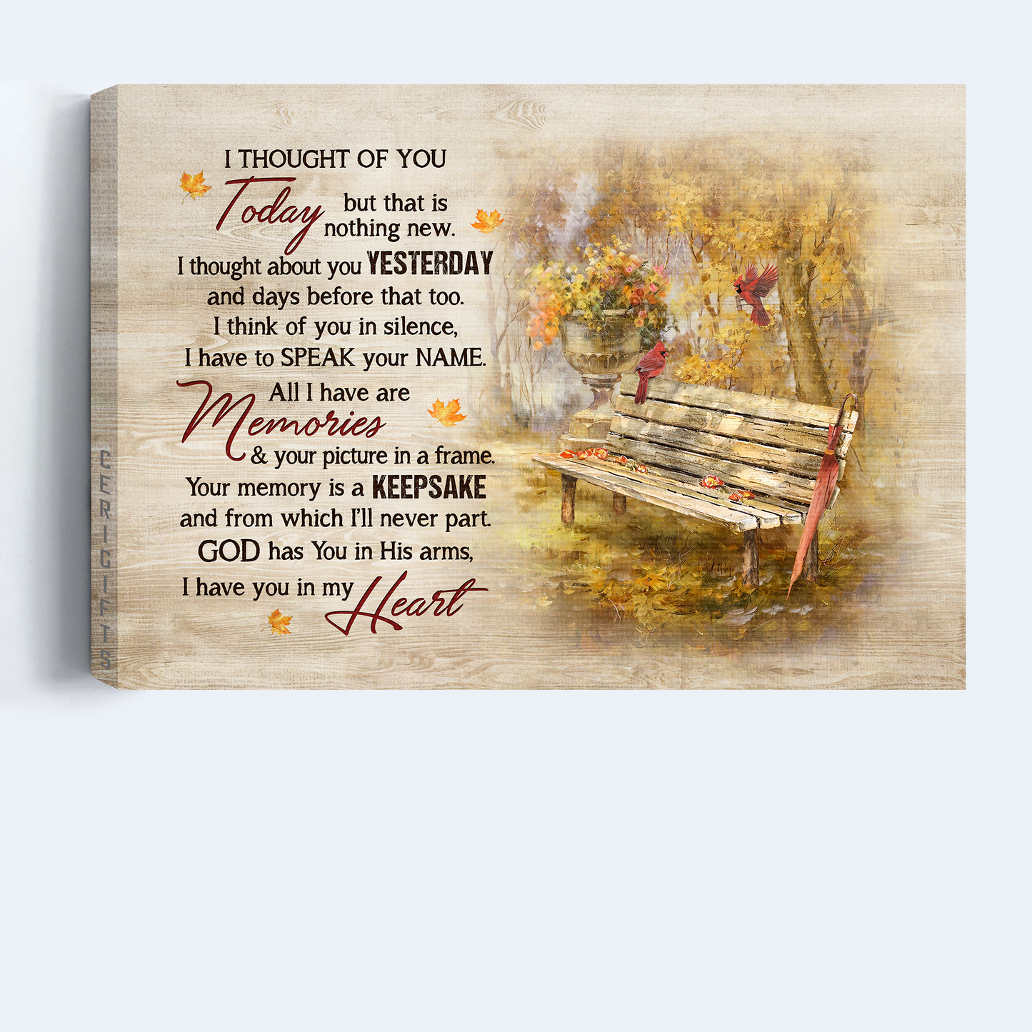 Heaven Landscape Canvas - Wooden Chair, Red Cardinal, Beautiful Autumn Park, Memorial Canvas - Memorial Gift For Member Family, Christian - I Thought Of You Today