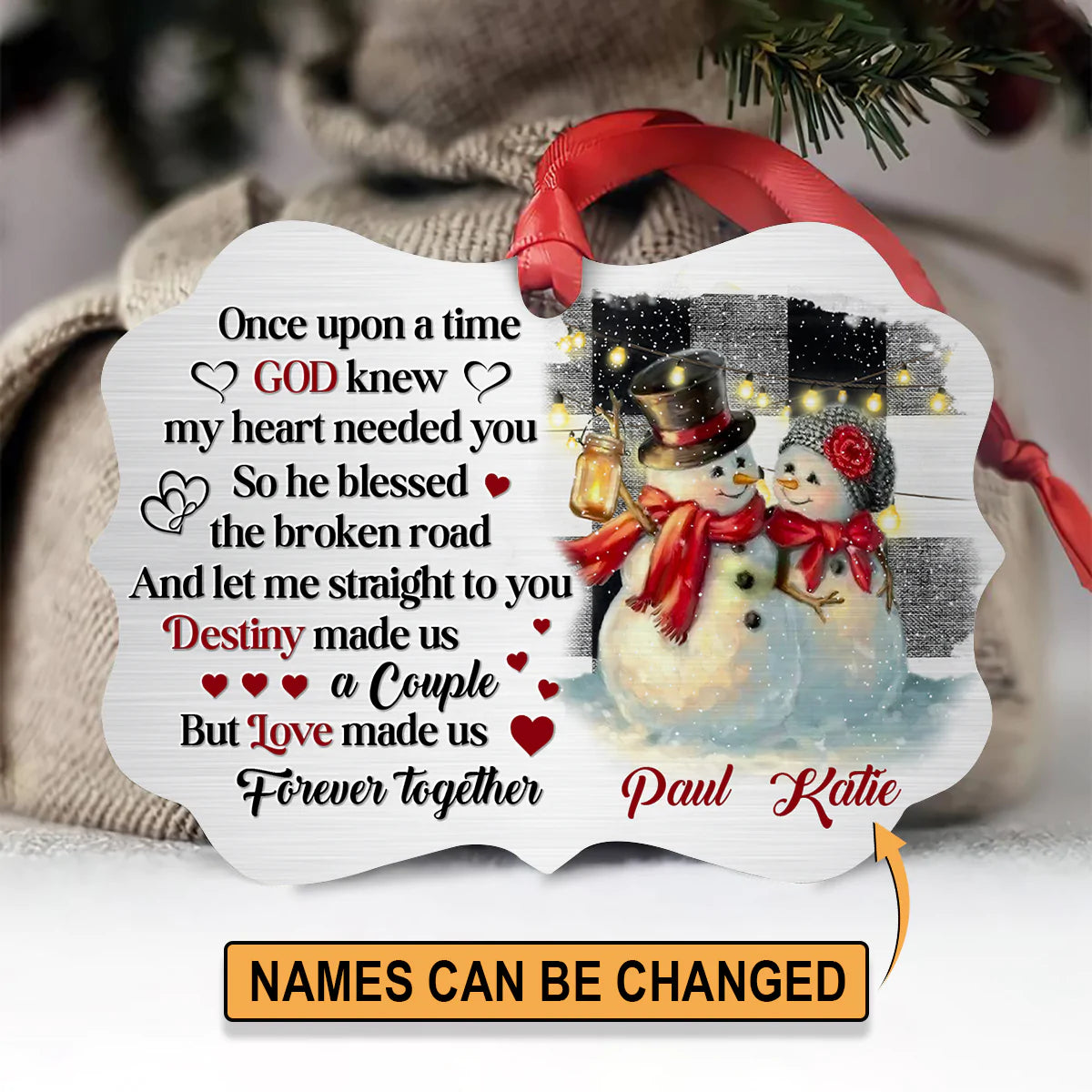 Couple Aluminum Ornament - Personalized Couple Snowman Aluminium Ornament - Custom Gift For Christian Couple, Spouse, Lover - God Knew My Heart Needed You