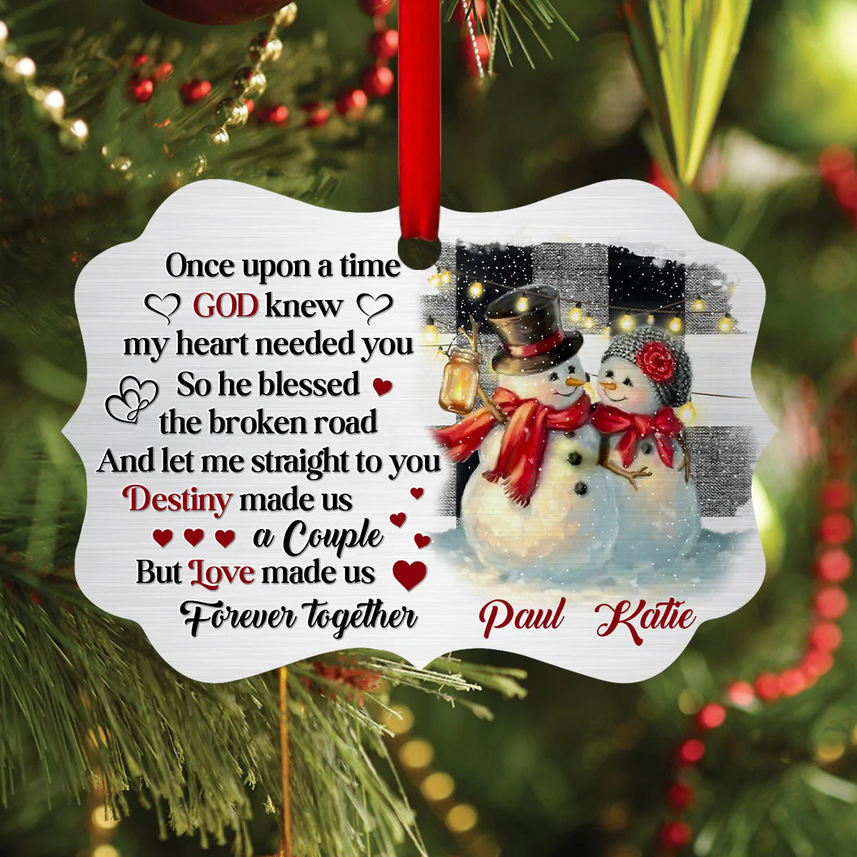 Couple Aluminum Ornament - Personalized Couple Snowman Aluminium Ornament - Custom Gift For Christian Couple, Spouse, Lover - God Knew My Heart Needed You