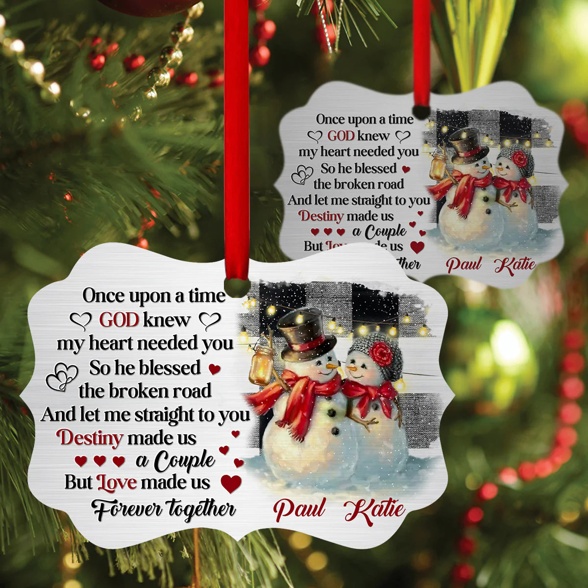 Couple Aluminum Ornament - Personalized Couple Snowman Aluminium Ornament - Custom Gift For Christian Couple, Spouse, Lover - God Knew My Heart Needed You
