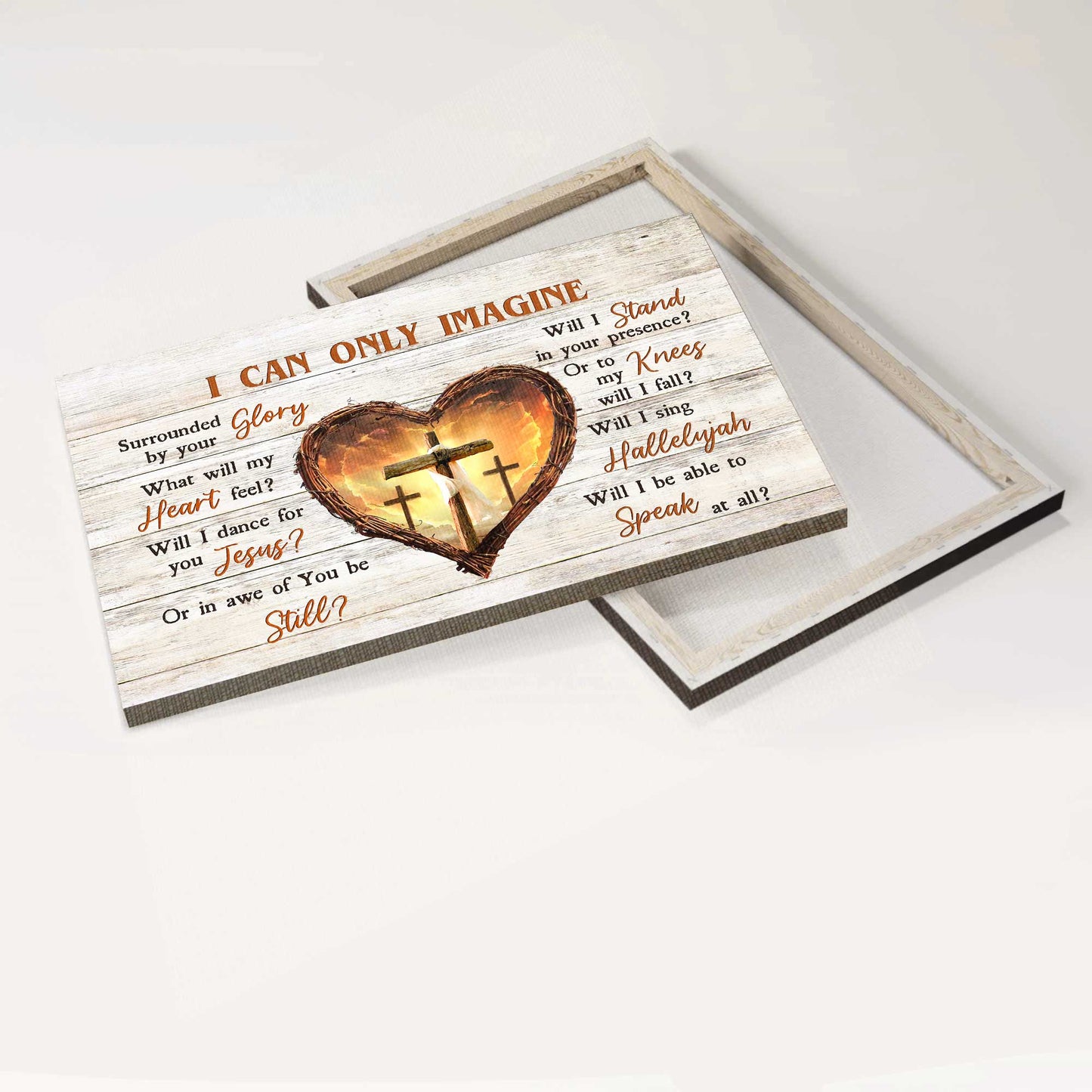 Jesus Landscape Canvas - Wooden Cross, Thorny Heart, Infinite Halo, Orange Sunset Canvas - Gift For Christian - I Can Only Imagine Canvas