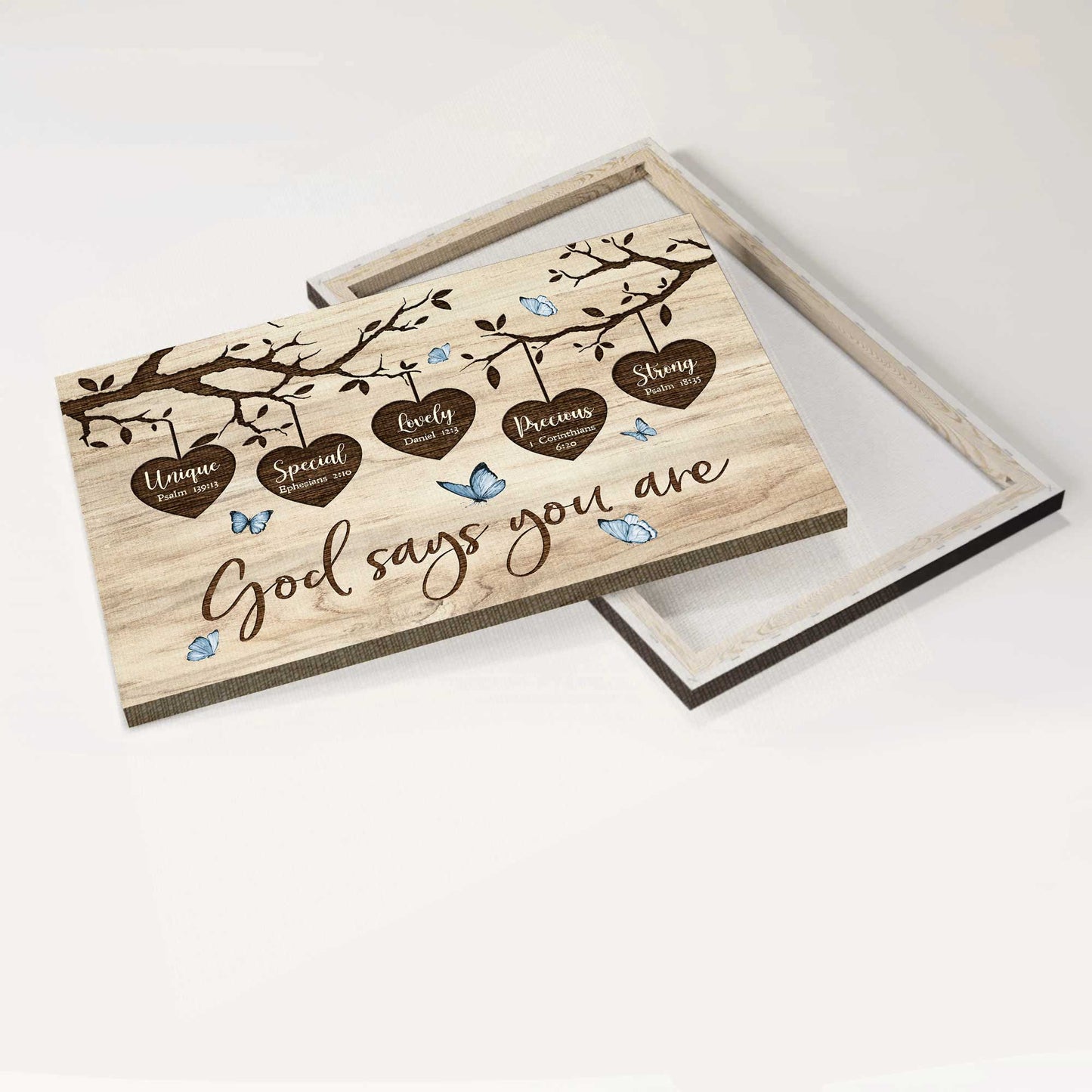 Jesus Landscape Canvas - Wooden Heart, Oldest Tree, Blue Butterfly Canvas - Gift For Christian - God Says You Are Unique