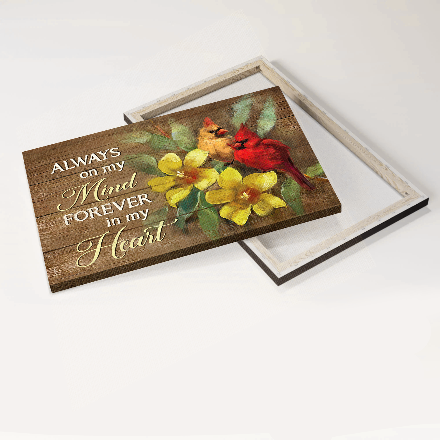 Heaven Landscape Canvas - Yellow Bell Flower, Watercolor Cardinal Memorial Canvas - Memorial Gift For Member Family - Always On My Mind