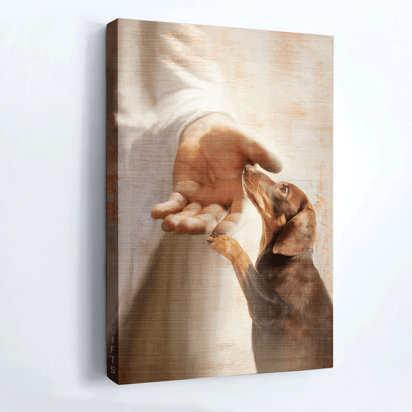 Dachshund Portrait Canvas- Dachshund dog, Jesus's hand, Light background, Dog painting canvas- Gift for Dachshund lover