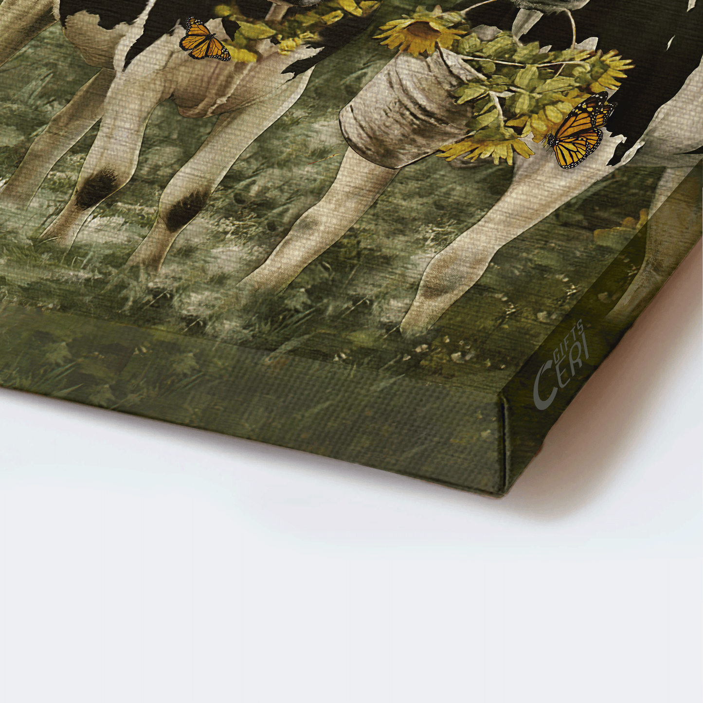 Family Portrait Canvas- Dairy cow drawing, Sunflower field, Orange butterfly canvas- Gift for members family- Together is our favorite place to be